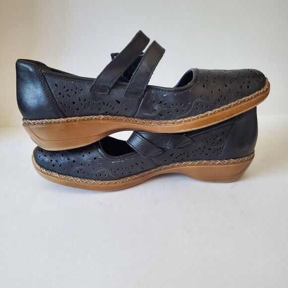 RIEKER Antistress Black Leather Mary Jane Flats Women's EU 42 US 11-12 Laser Cut - Picture 10 of 16